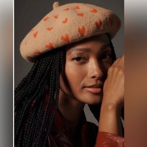 Anthropologie Maeve Icon Beret Beige with Red Hearts